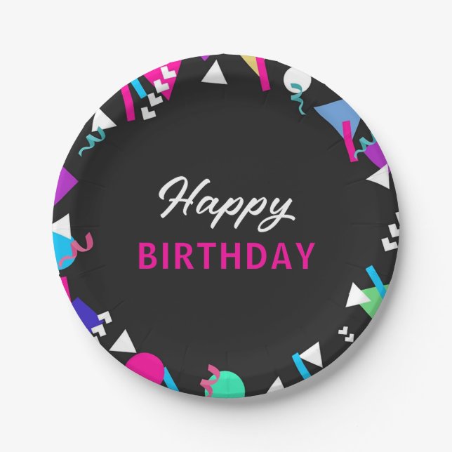 Assiettes En Carton Noir 80s Motif Plaque papier d'anniversaire (Devant)