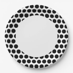 Assiettes En Carton Noir à pois avec cercle blanc