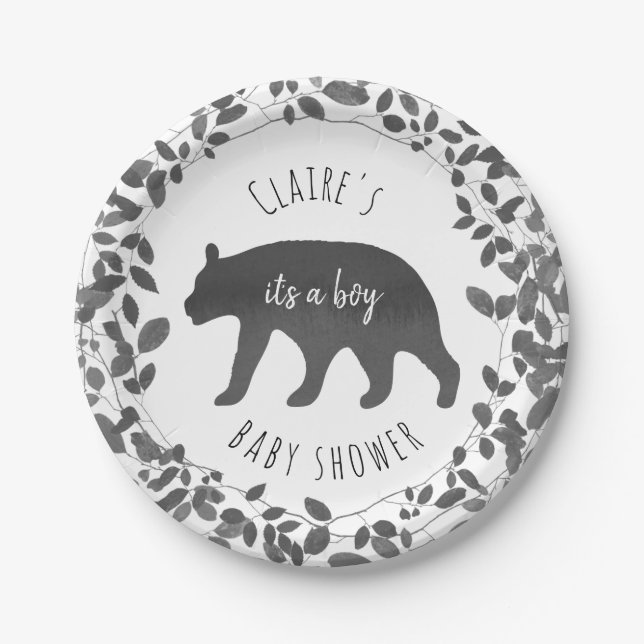 Assiettes En Carton Noir + Baby shower de feuillage de CUB d'ours (Devant)