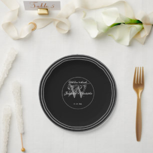 Assiettes En Carton Noir blanc argent élégant mariage chic Monogramme