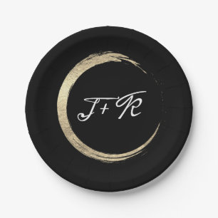 Assiettes En Carton Noir Blanc Cercle Monogramme Initiales minimes