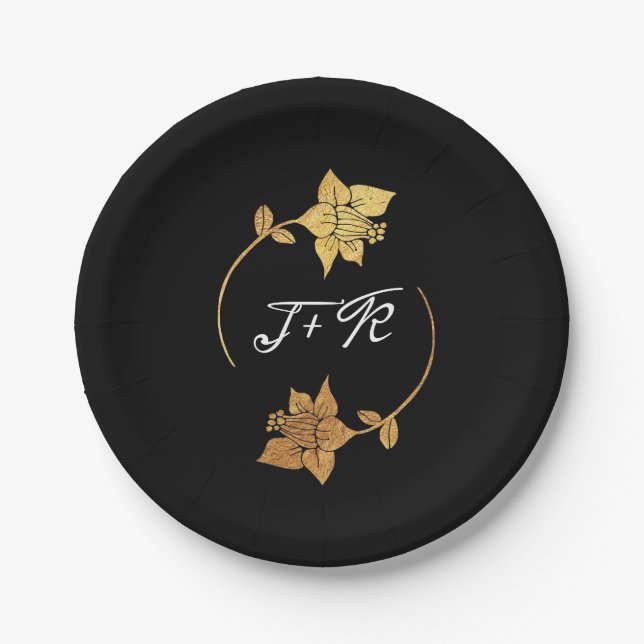 Assiettes En Carton Noir Blanc Golden Ring Monogramme Initiales Floral (Devant)