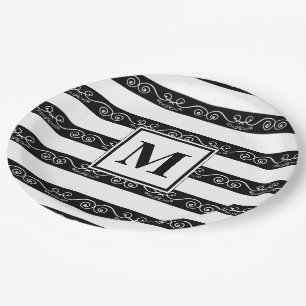 Assiettes En Carton Noir blanc Monogramme motif rayé
