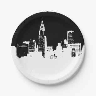 Assiettes En Carton Noir Blanc New York Skyline Pop Art