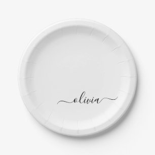 Assiettes En Carton Noir Blanc Script Monogramme Nom Moderne
