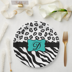 Assiettes En Carton Noir Blanc Turquoise Zebra Leopard Peau Monogramme