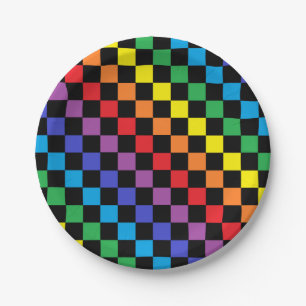 Assiettes En Carton Noir Checkered d'arc-en-ciel