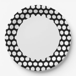 Assiettes En Carton Noir et Blanc à pois avec Cercle