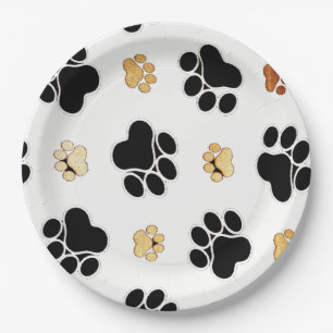 Assiettes En Carton Noir et blanc canin bronzage d'empreinte de patte