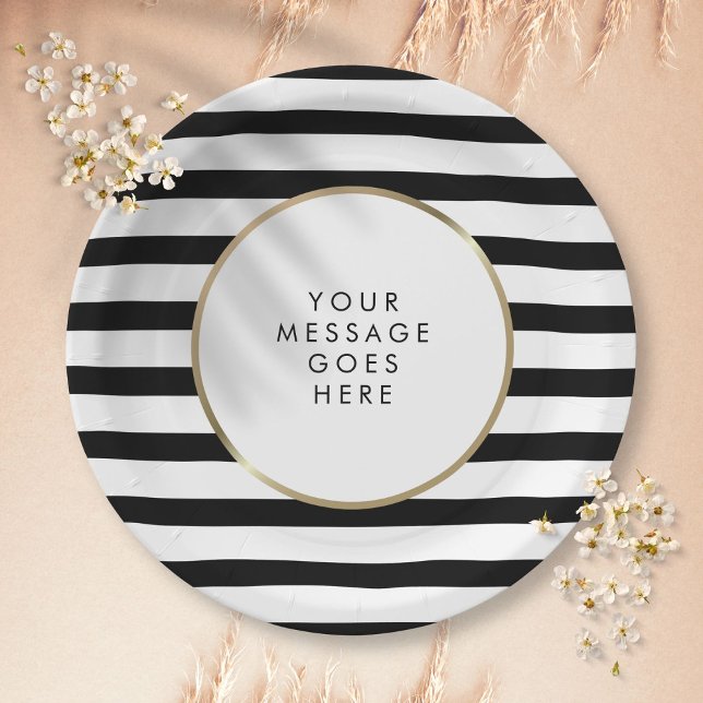 Assiettes En Carton Noir et blanc Grille Or Personnalisé (Black and White Stripe Gold Personalized Paper Plates)