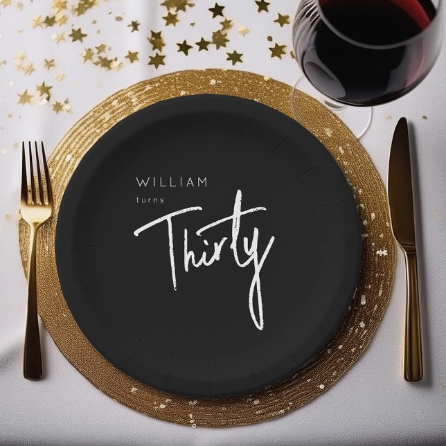 Assiettes En Carton Noir et blanc Trente lettres de 30e anniversaire (Black & white 30th birthday party paper plates & bowls with modern Thirty script minimal typography)