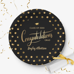 Assiettes En Carton Noir et or Polka Dot Congrats Grad Grad Grad Grad 