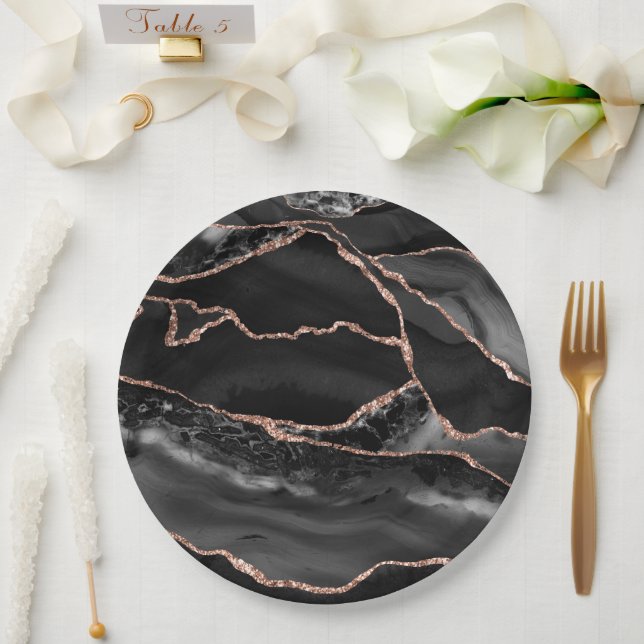 Assiettes En Carton Noir et or rose Agate Géode Formel (Mariage)