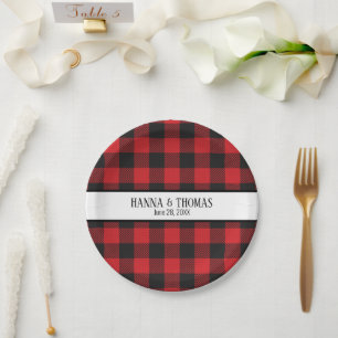 Assiettes En Carton Noir et rouge Buffalo Plaid Russe Mariage