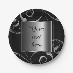 Assiettes En Carton Noir et verre argenté faux tourbillon floral éléga