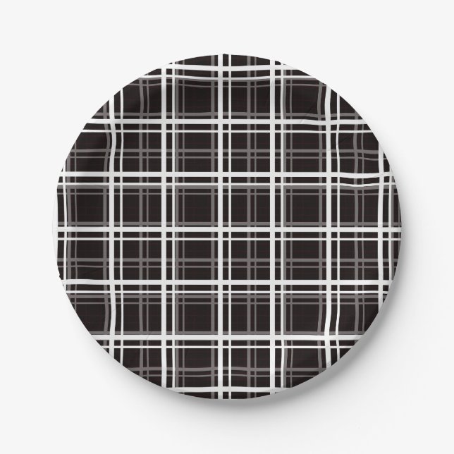 Assiettes En Carton Noir Fenêtre Plaid Grid Stripes Design Motif (Devant)