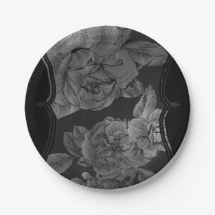 Assiettes En Carton Noir Gris Argent Élégant Glamour Floral Vintage