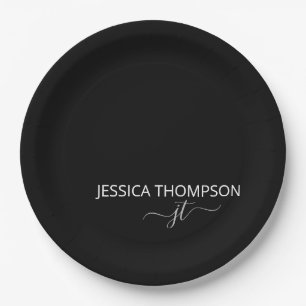 Assiettes En Carton Noir moderne Simple Script Girl Monogramme Nom