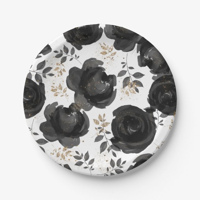 Assiettes En Carton Noir Or Floral Glam Feuilles Mariage (Devant)
