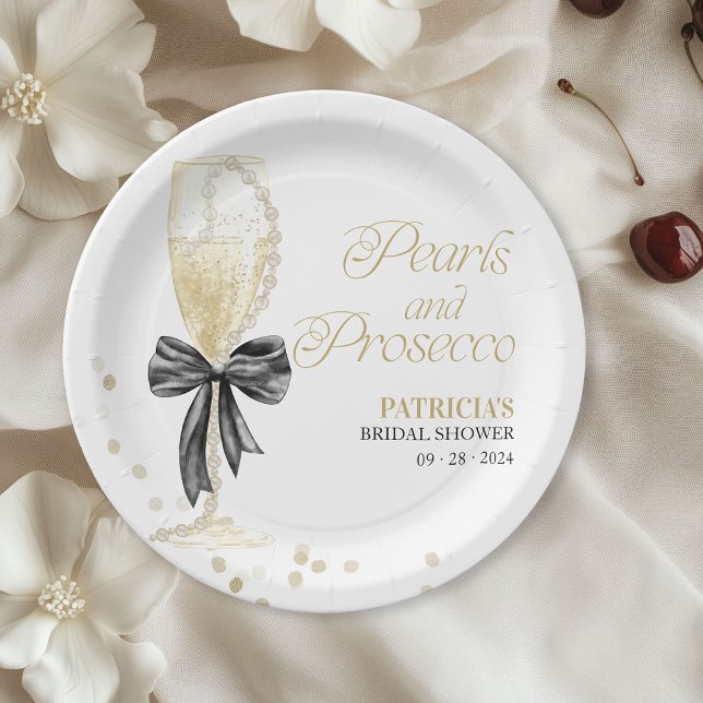 Assiettes En Carton Noir Perles de Bow et Prosecco Shower de Mariage (Créateur téléchargé)