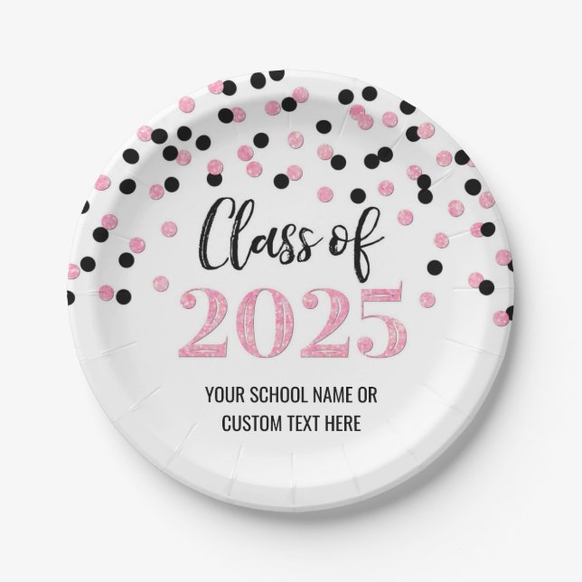 Assiettes En Carton Noir rose Confetti Graduation 2025 (Devant)
