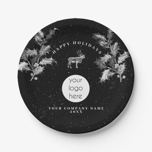 Assiettes En Carton Noir Rustique Blanc Vacances Affaires Logo Noël (Devant)