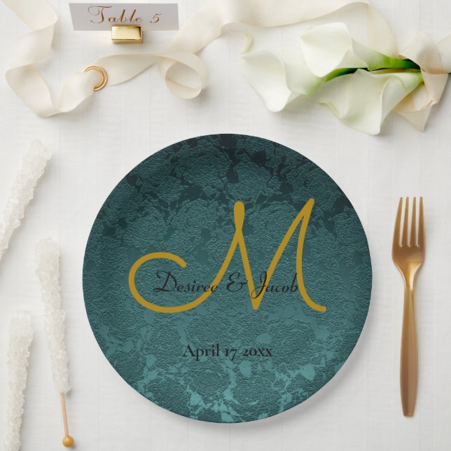 Assiettes En Carton Noir Turquoise foncé Noir élégant mariage Monogram (Mariage)