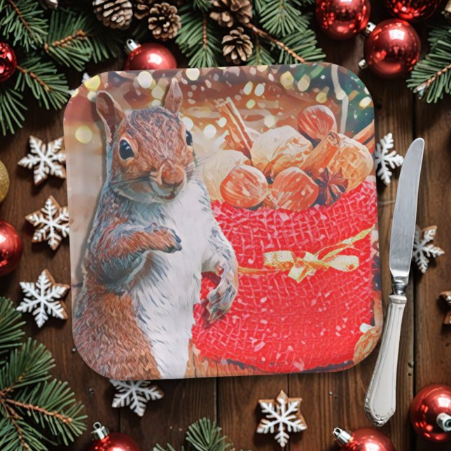 Assiettes En Carton Noix de Noël d'écureuil mignonnes (Look out! If your Christmas plates include nuts of any kind, this squirrel may ask for one (or all)!)