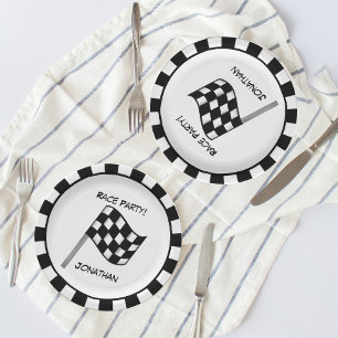 Assiettes En Carton Nom Checkered blanc noir de partie de course de