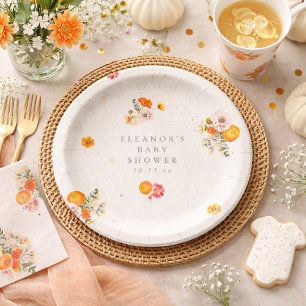 Assiettes En Carton Nom de Baby Shower Floral Cottagecore Orange Bohèm