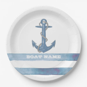 Assiettes En Carton Nom de bateau nautique, Ancre, Corde, Rayures bleu