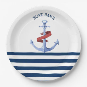 Assiettes En Carton Nom de bateau nautique, bleu ancre rayé bleu marin