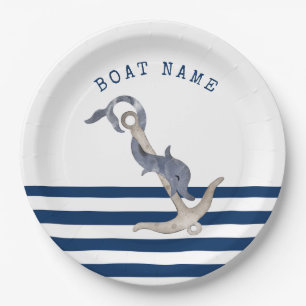 Assiettes En Carton Nom de bateau nautique, dauphin d'ancre bleu marin