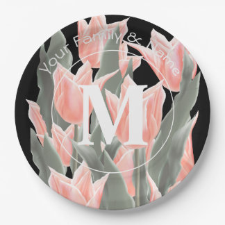 Assiettes En Carton Nom de famille élégant Monogramme Peach Tulips Pei