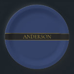 Assiettes En Carton Nom de famille ou nom commercial Marine Blue & Gol<br><div class="desc">Design personnalisable moderne avec votre nom ou tout autre texte,  éditez comme vous voulez!</div>