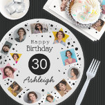 Assiettes En Carton Nom de la photo 30e anniversaire<br><div class="desc">Un collage photo amusant de 12 photos personnalisées en forme de confettis pour un 30e anniversaire plaques de papier avec un nom customisé pour servir tous vos gâteries d'anniversaire. Graphiques audacieux de confettis en triangles, ovales, rectangles, cercles et carrés en noir et blanc. Ajoutez la personnalité de la personne d'anniversaire...</div>