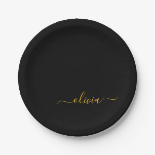 Assiettes En Carton Nom de monogramme de script féminin en or noir mod