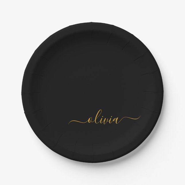 Assiettes En Carton Nom de monogramme de script féminin en or noir mod (Devant)