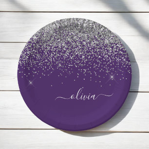 Assiettes En Carton Nom de monogramme girly pailleté violet argenté