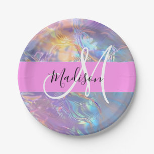 Assiettes En Carton Nom de monogramme holographique iridescent rose fé
