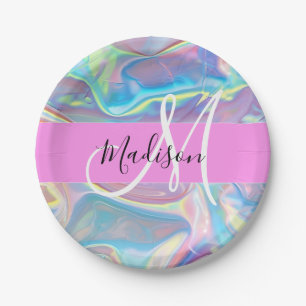 Assiettes En Carton Nom de monogramme holographique iridescent rose fé