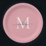 Assiettes En Carton Nom de script élégant Monogramme Rose Foncé Gris F<br><div class="desc">Assiette en papier Nom de script Féminin Monogramme Rose Foncé Gris Moderne Simple</div>
