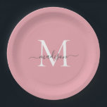 Assiettes En Carton Nom de script élégant Monogramme Rose Foncé Gris F<br><div class="desc">Assiette en papier Nom de script Féminin Monogramme Rose Foncé Gris Moderne Simple</div>
