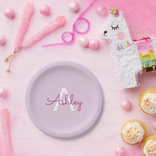 Assiettes En Carton Nom de script & monogramme | Magenta & Violet clai (Fête)