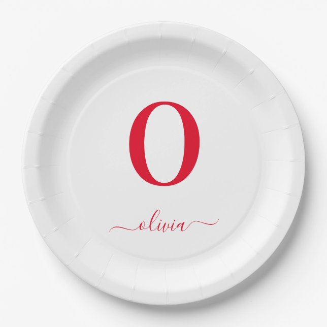 Assiettes En Carton Nom De Script Monogramme Personnalisé Blanc Et Rou (Devant)