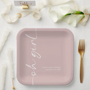 Assiettes En Carton Nom de script pivoté Dusty Rose Oh Girl Baby showe