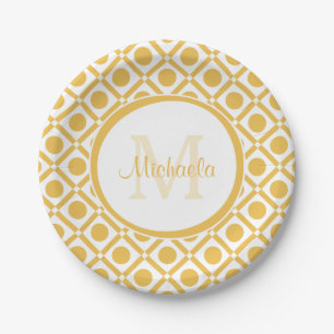 Assiettes En Carton Nom décoré d'un monogramme géométrique jaune e