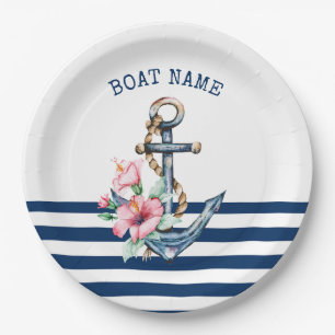 Assiettes En Carton Nom du bateau, Ancre florale Bleu de la Marine