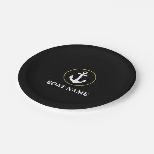 Assiettes En Carton Nom du bateau nautique Ancre Black Gold