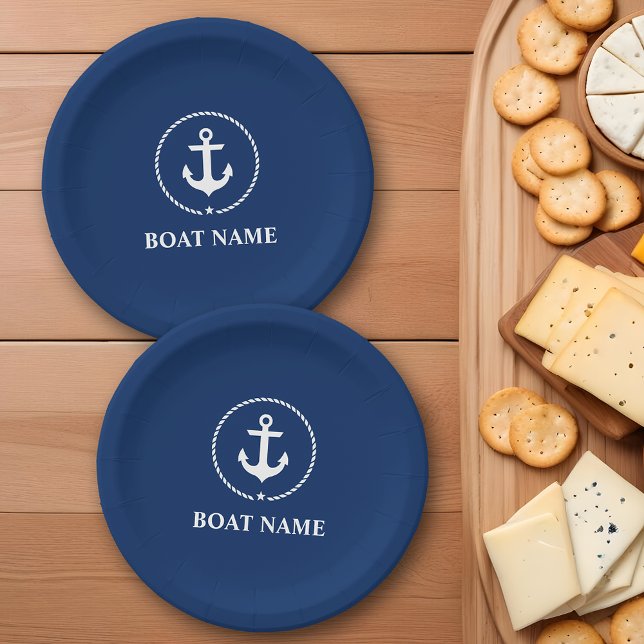 Assiettes En Carton Nom du bateau nautique Ancre corde bleu marine (Customize to change text size, text style or background color.)